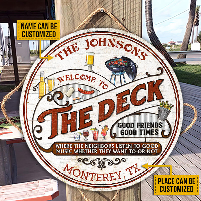 Personalized Deck Grilling Red Listen To The Good Music Vertical Custom Wood Circle Sign