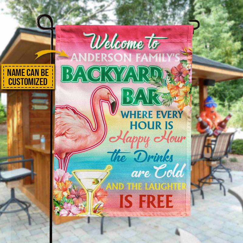 Personalized Flamingo Backyard Bar Happy Hour Custom Flag