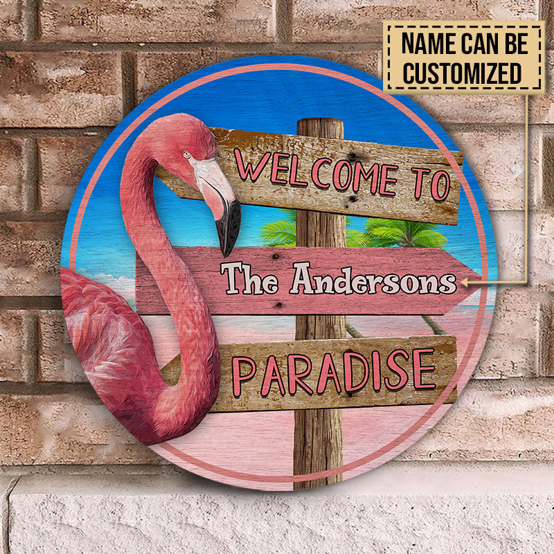 Personalized Flamingo Paradise Customized Wood Circle Sign