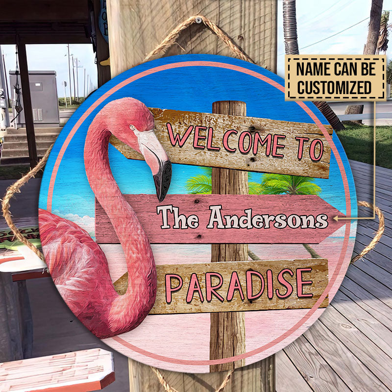 Personalized Flamingo Paradise Customized Wood Circle Sign