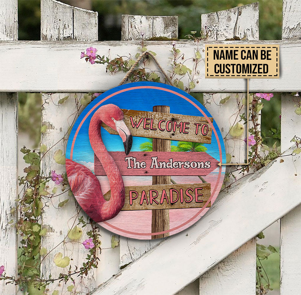 Personalized Flamingo Paradise Customized Wood Circle Sign