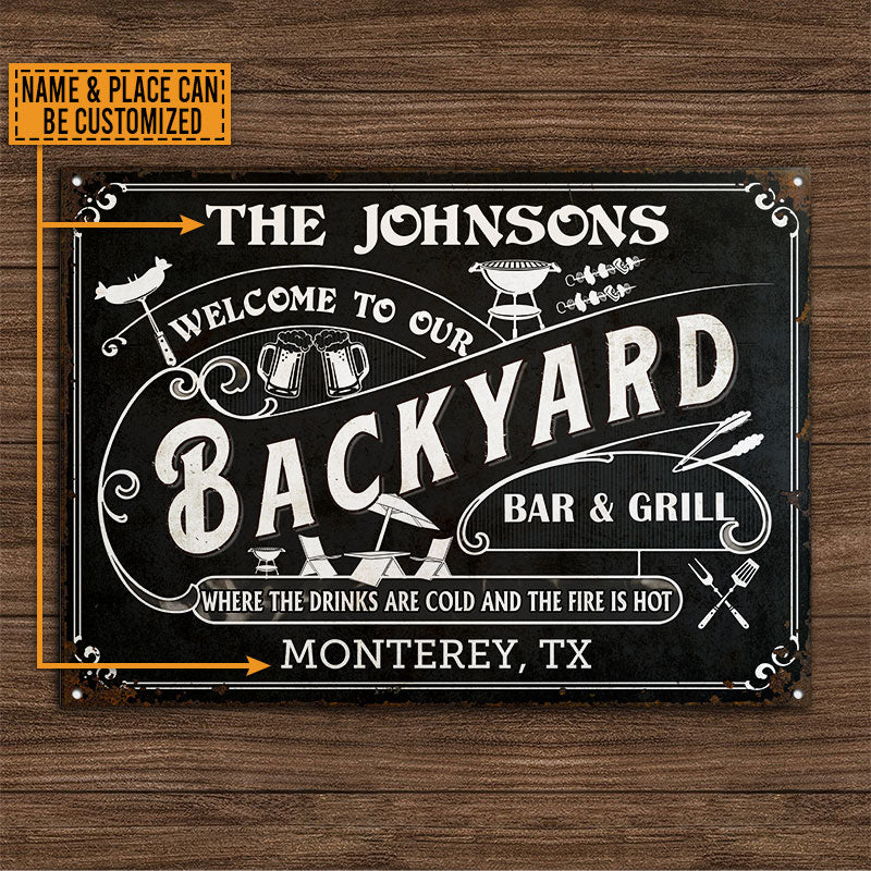 Personalized Grilling Backyard Bar Grill Black Custom Classic Metal Signs