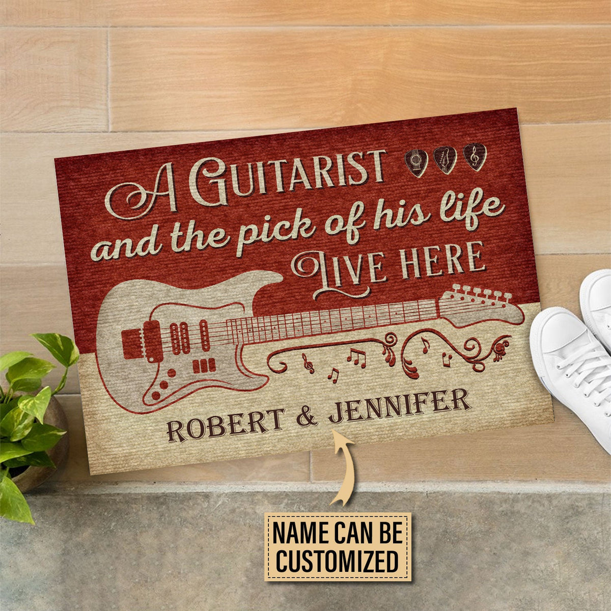 Personalized Guitar Red Old Couple Live Here Customized Doormat