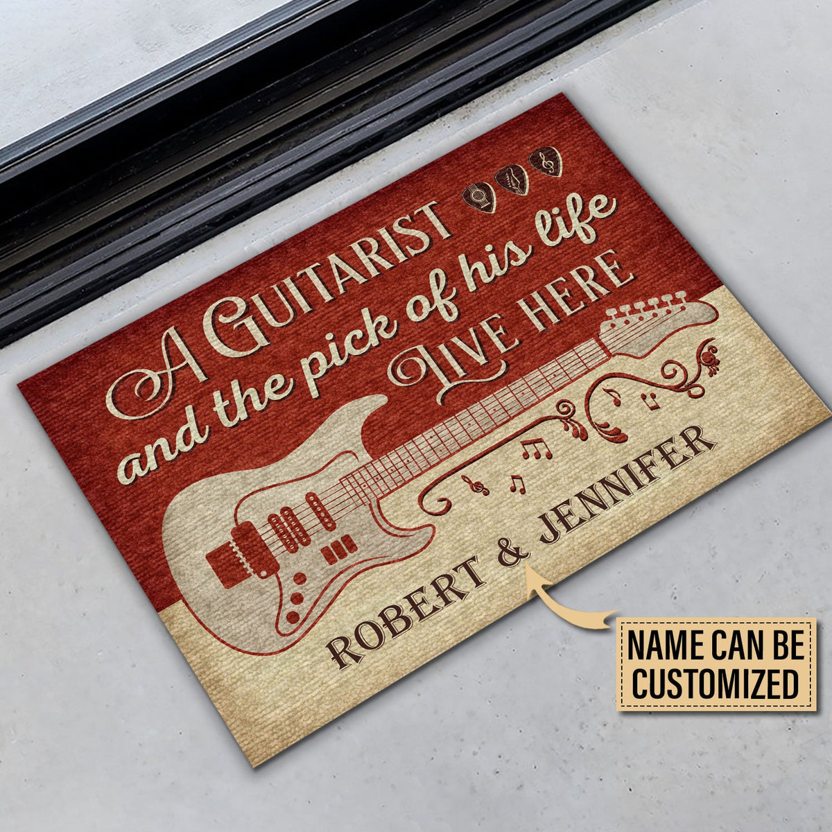 Personalized Guitar Red Old Couple Live Here Customized Doormat