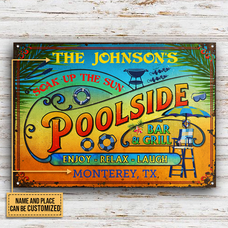 Personalized Pool Summer Vibe Bar & Grill Custom Classic Metal Signs
