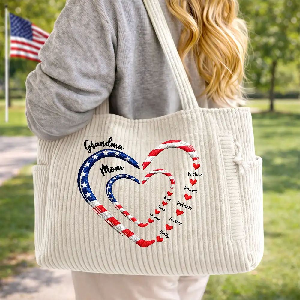 Patriotic Mom And Grandma Sweethearts Embroidery Effect Prints - Personalized Corduroy Tote Bag