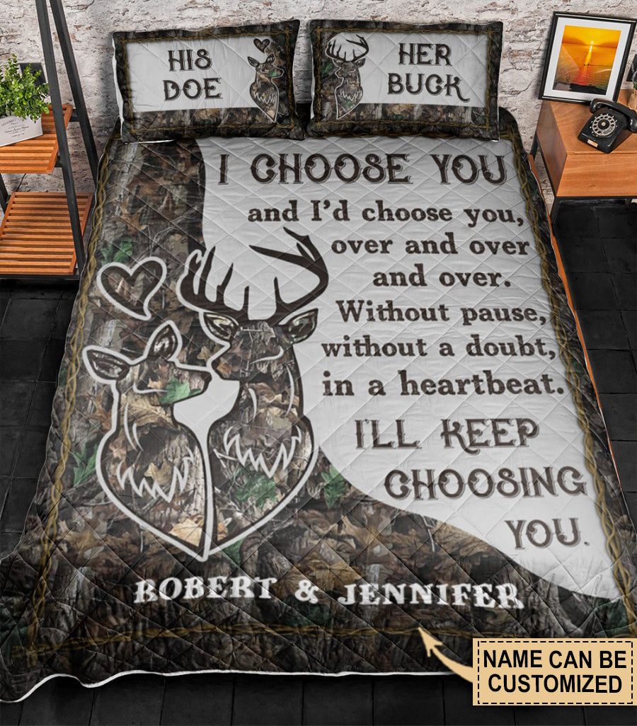 Personalized Deer Keep Choosing Couple Camo Quilt Bedding