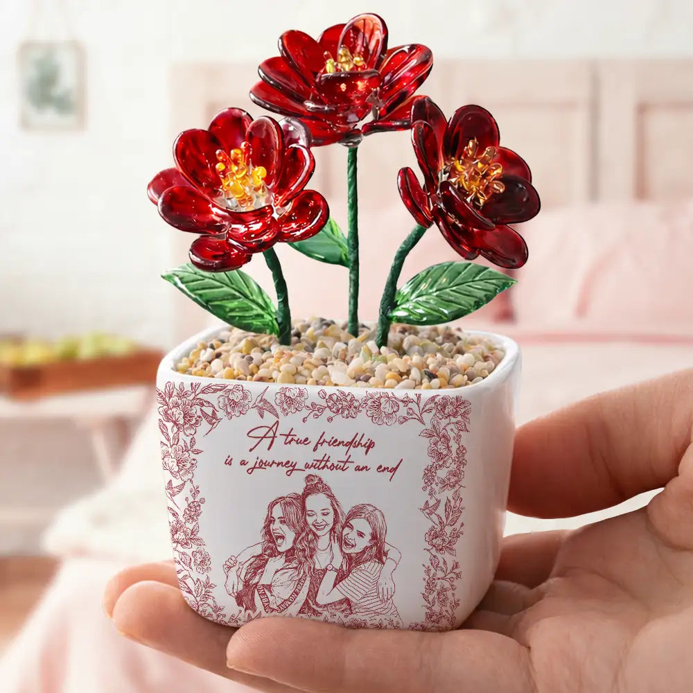 Gift For Bestie,Old Best friends,Love - Custom Photo Pencil Sketch A True Friendship Is A Journey Without An End - Personalized Glass Flower Plant Pot