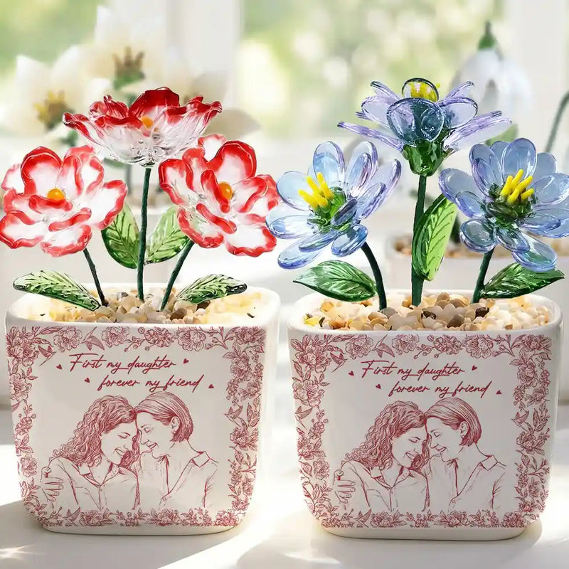 Gift For Mother,Gift For Grandma,Love - Custom Photo Pencil Sketch The Love Between Mother & Daughter Is Forever - Personalized Glass Flower Plant Pot