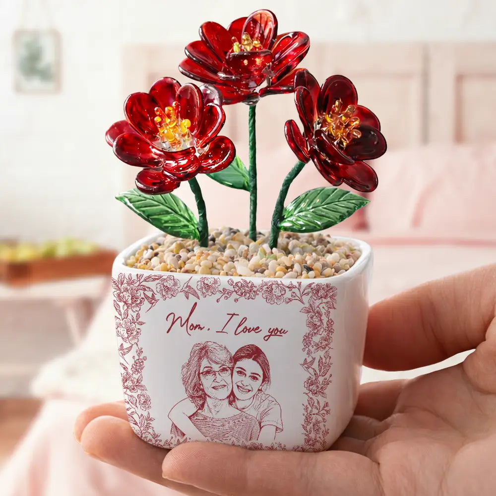 Gift For Mother,Gift For Grandma,Love - Custom Photo Pencil Sketch The Love Between Mother & Daughter Is Forever - Personalized Glass Flower Plant Pot