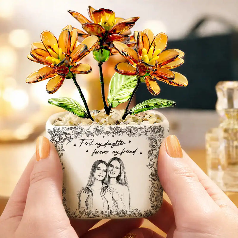 Gift For Mother,Gift For Grandma,Love - Custom Photo Pencil Sketch The Love Between Mother & Daughter Is Forever - Personalized Glass Flower Plant Pot