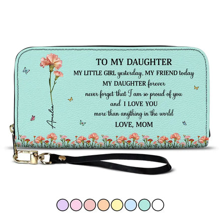 Faux Pressed Birth Flower My Daughter Forever - Personalized Leather Long Wallet