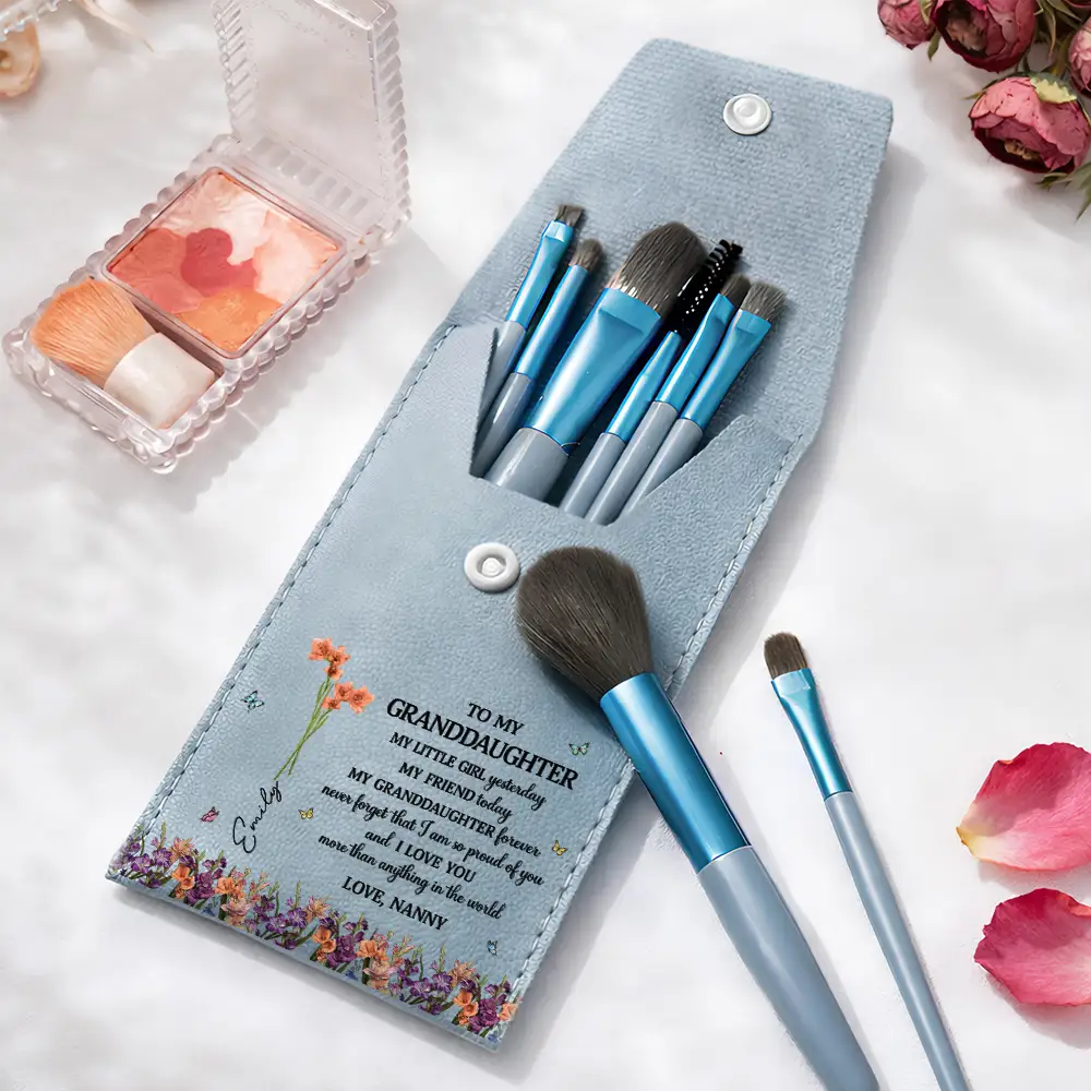 Gift For Daughter,Gift For Women,Happy,Gift For Grandkids - Faux Pressed Birth Flower My Daughter Forever - Personalized Makeup Brush Bag Set