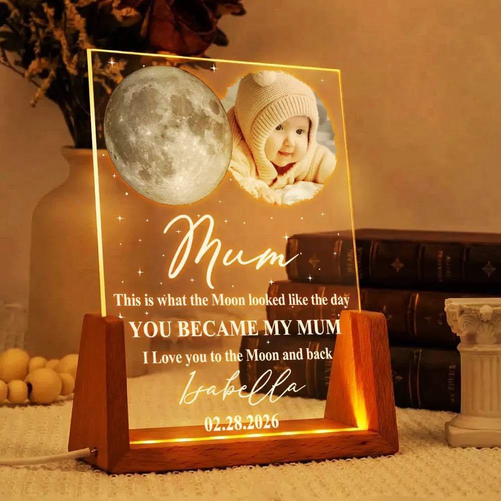 Gift For Mother,New Mom,New baby,Happy - Moon Phase Custom Photo The Moon The Day You Became My Mom - Personalized Night Light