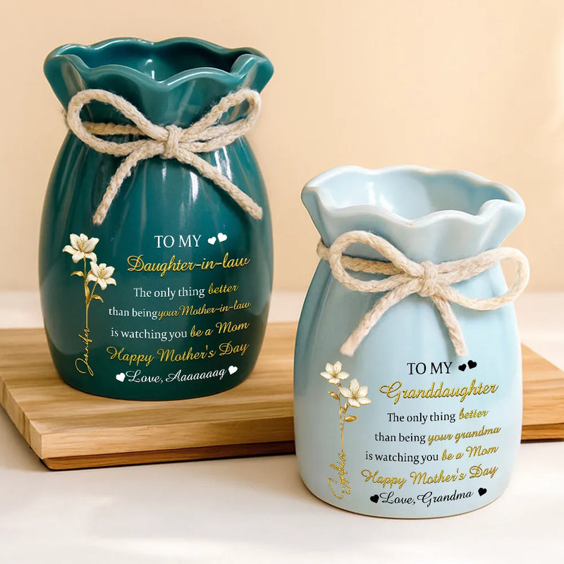 Icon,Gift For Daughter,Mom - Daughters (Adult),Grandma - Grandkids,Love - Gold Flower Infinity Watching You Be A Mom - Personalized Ribbon Tie Flower Vase