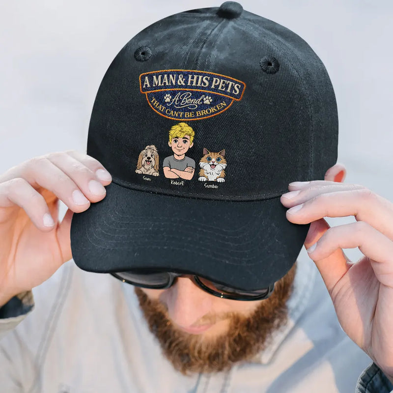 Pet Lovers,Pet Mom,Pet Dad,Dog Lovers,Dog Mom,Dog Dad,Cat Lovers,Cat Mom,Cat Dad,Gift For Women,Gift For Men,Happy,Top Market,Top Market,Vector - Retro Style A Man And His Dog Cat A Bond That Can't Be Broken - Personalized Vintage Washed Denim Cap