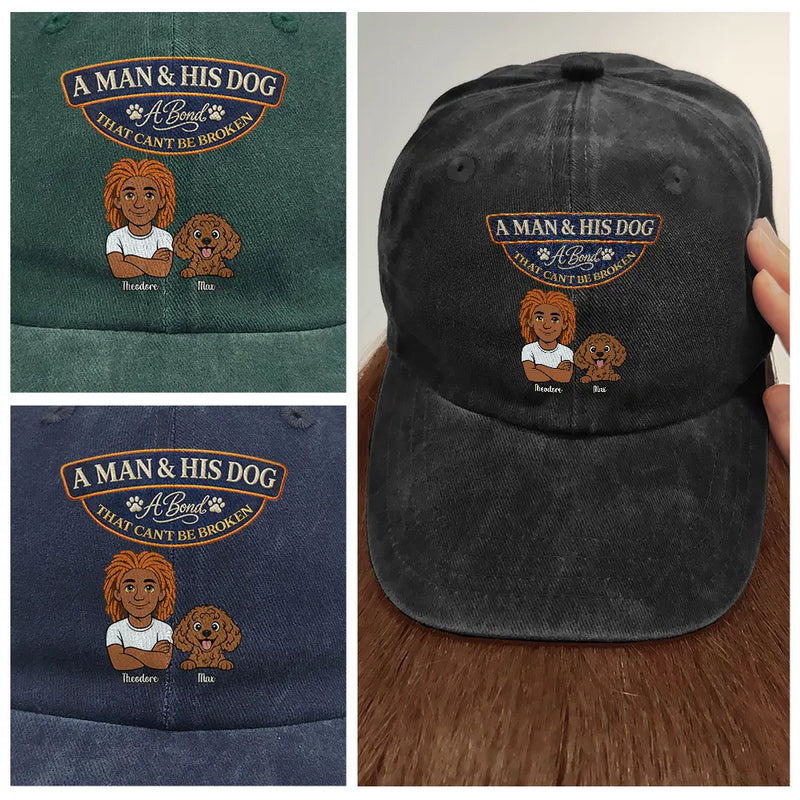 Pet Lovers,Pet Mom,Pet Dad,Dog Lovers,Dog Mom,Dog Dad,Cat Lovers,Cat Mom,Cat Dad,Gift For Women,Gift For Men,Happy,Top Market,Top Market,Vector - Retro Style A Man And His Dog Cat A Bond That Can't Be Broken - Personalized Vintage Washed Denim Cap