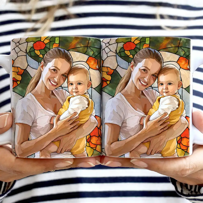 Gift For Wife,Gift For Mother,Gift For Grandma,Gift For Grandparents,Family,Non-Eng,Photo - Stained Glass - Custom Photo Stained Glass Portrait Mom Grandma Parents Family - Personalized White Edge-to-Edge Mug