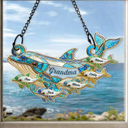 Gift For Grandma,Grandma - Grandkids,Happy,Icon - Dolphin Mom Grandma Stained Glass Effect - Personalized Window Hanging Suncatcher Ornament