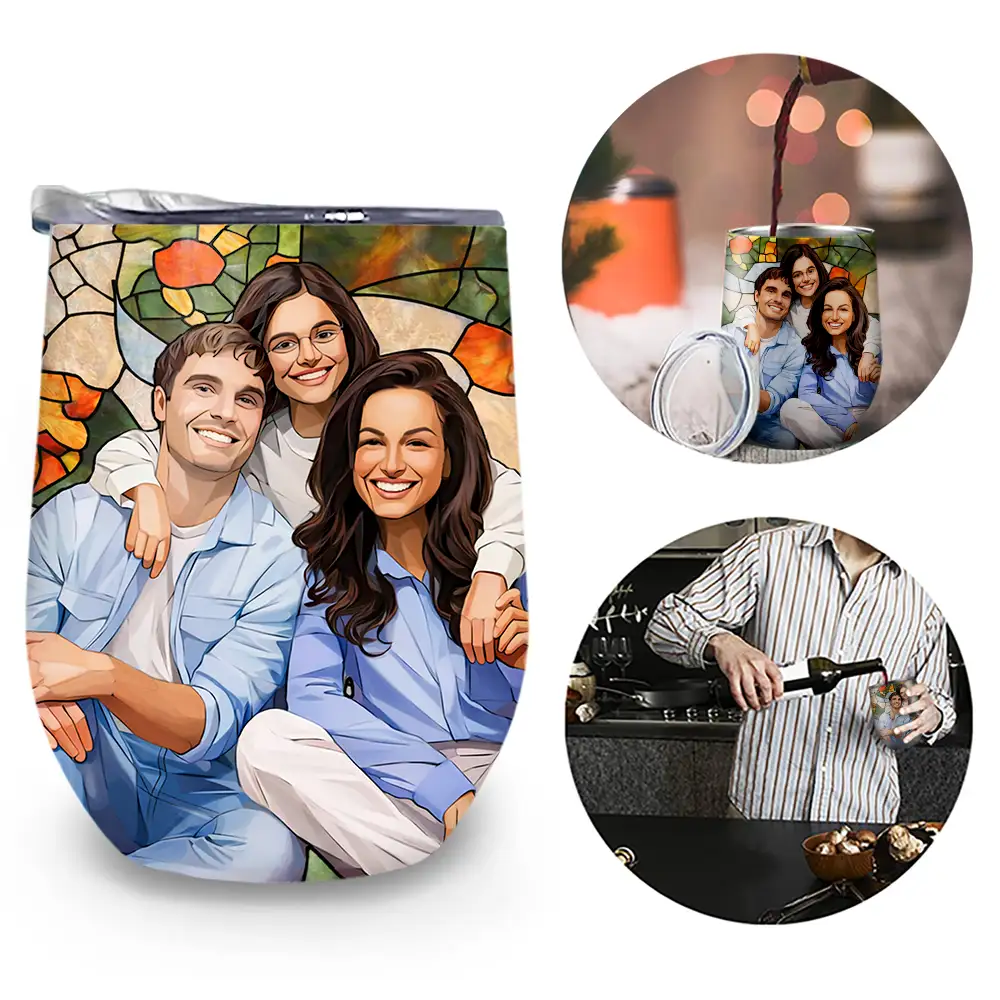 Gift For Wife,Gift For Mother,Gift For Grandma,Gift For Grandparents,Family,Love - Custom Photo Stained Glass Portrait Mom Grandma Parents Family - Personalized Wine Tumbler