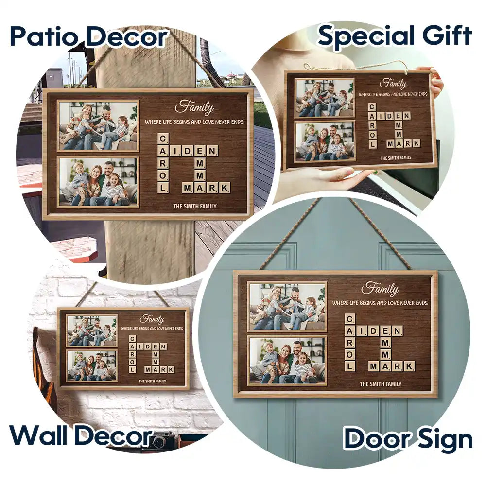 Family,Happy,Parents,Gift For Mother,Gift For Father,Gift For Women,Gift For Men,Gift For Grandpa,Gift For Grandma - Custom Photo Crossword Family Life Begins And Love Never Ends - Personalized Wood Rectangle Sign
