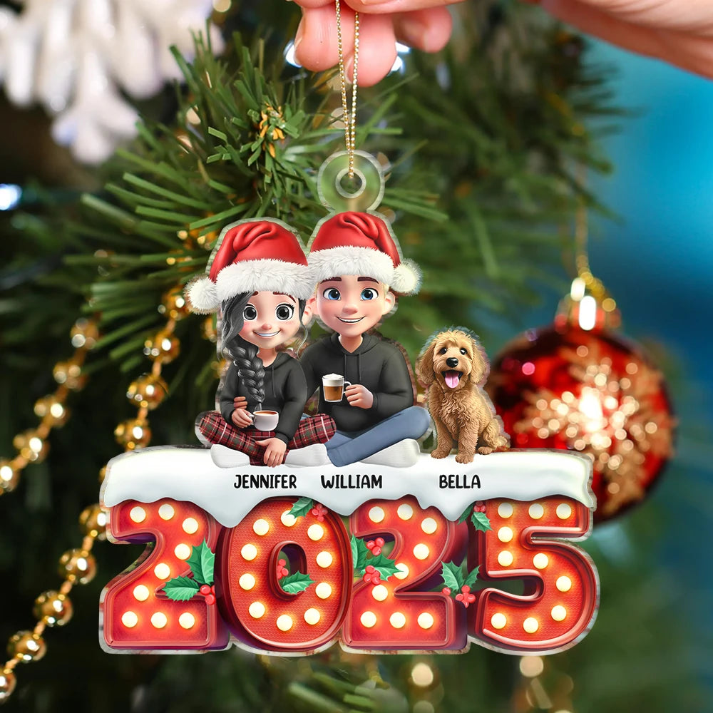 Christmas, Pet Lovers, Pet Couple, Happy - Pet Couple Sitting Marquee Effect - Personalized Custom Shaped Acrylic Ornament