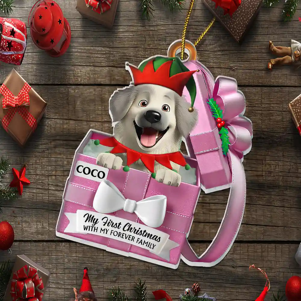 Christmas, Pet Lovers, Cat Lovers, Dog Lovers, Happy - Pet First Christmas, Gift Reveals, Gift Box 3D Effect - Personalized Custom Shaped Acrylic Ornament