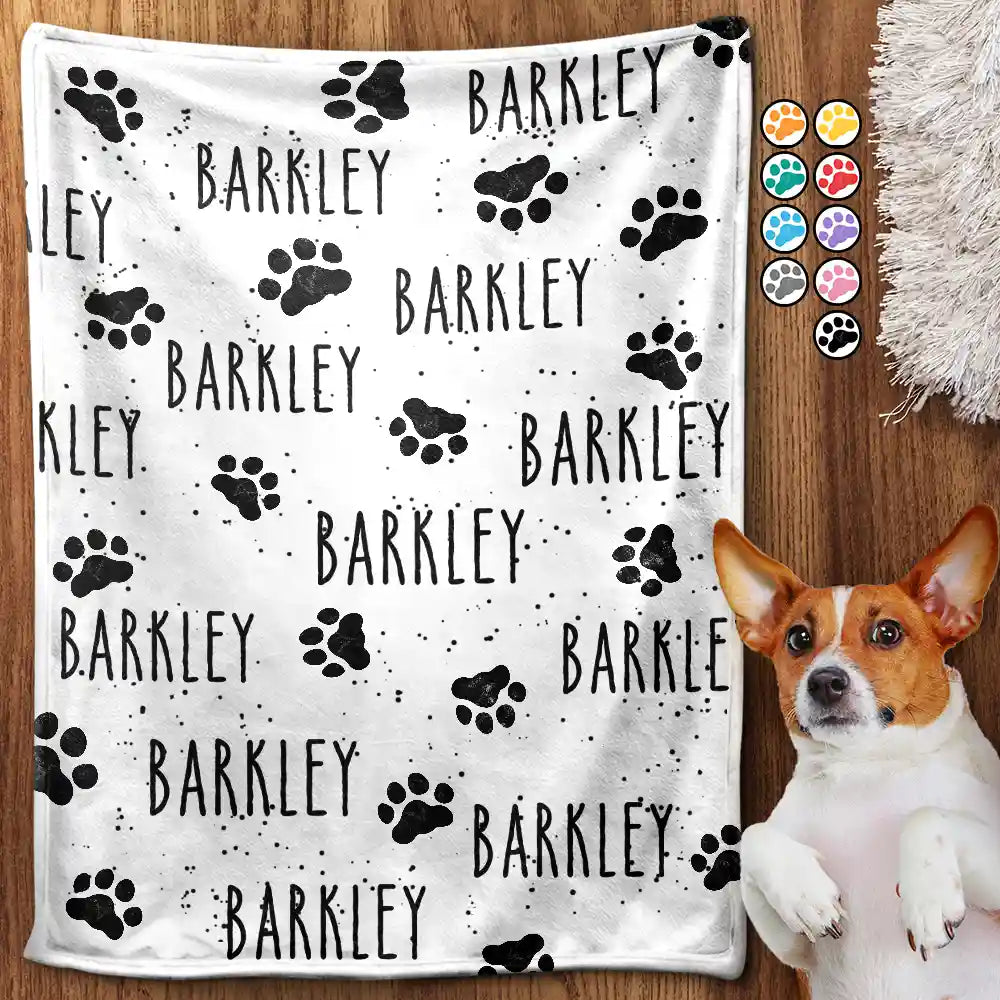 Custom Photo,Pet Lovers,Happy - Pet Name With Paw Print - Personalized Pet Blanket