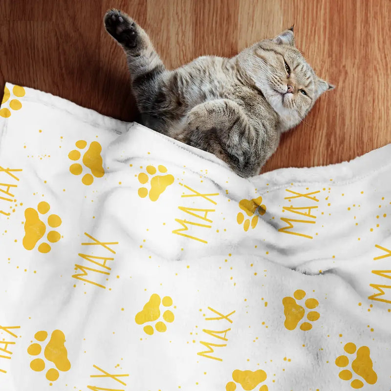 Custom Photo,Pet Lovers,Happy - Pet Name With Paw Print - Personalized Pet Blanket