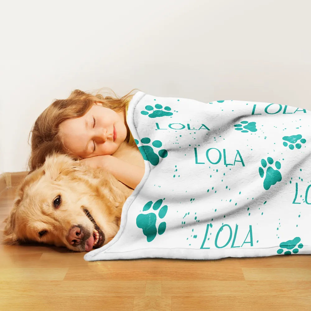 Custom Photo,Pet Lovers,Happy - Pet Name With Paw Print - Personalized Pet Blanket