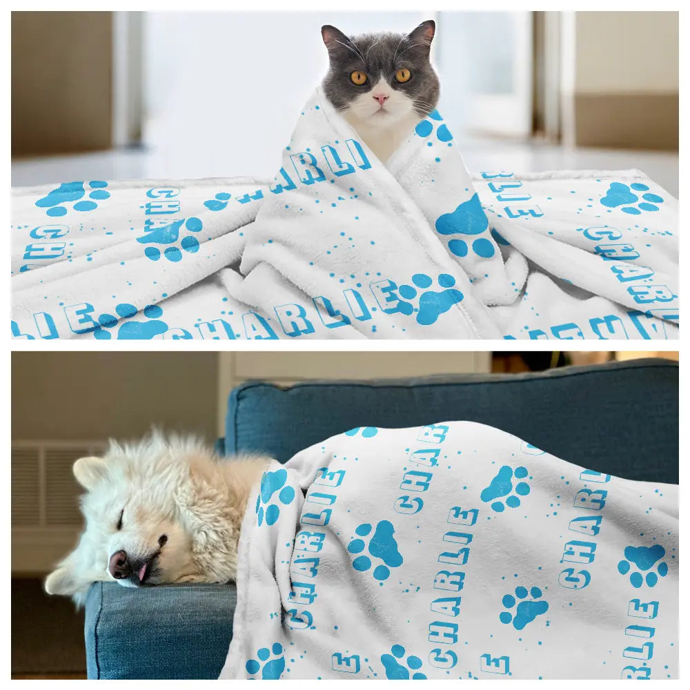 Custom Photo,Pet Lovers,Happy - Pet Name With Paw Print - Personalized Pet Blanket