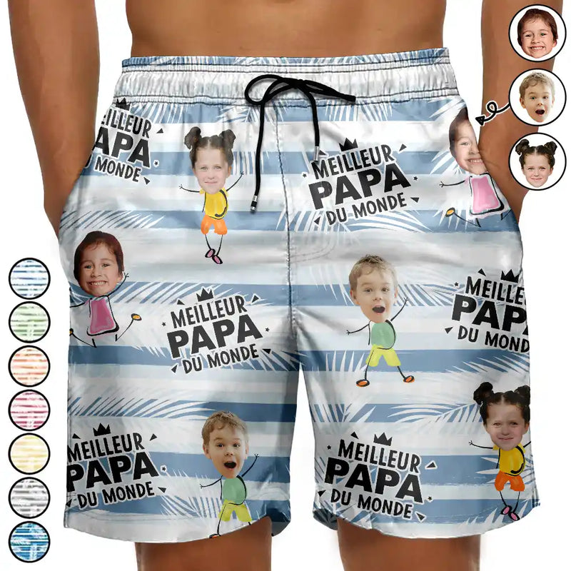 Gift For Husband,Parents,Gift For Yourself,Gift For Men,Gift For Grandpa,Gift For Father,French,Custom Photo,Happy,Summer,Beach,Gift For Grandparents,Non-Eng,Photo,Icon,Playful - Photo Personnalisable Meilleur Papa Du Monde - Shorts De Plage Unisexes Personnalisés