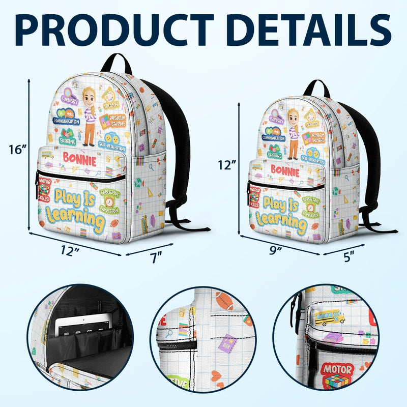 Gift For Kids, Back To School - Play Is Learning - Personalized Canvas Backpack