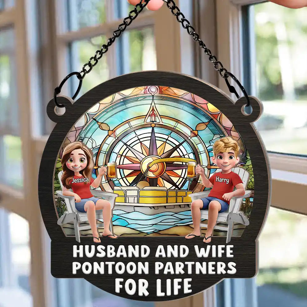 Gift For Couples, Gift For Husband, Gift For Wife, Gift For Boyfriend, Gift For Girlfriend, Happy, Pontoon - Pontoon Partners For Life - Personalized Window Hanging Suncatcher Ornament