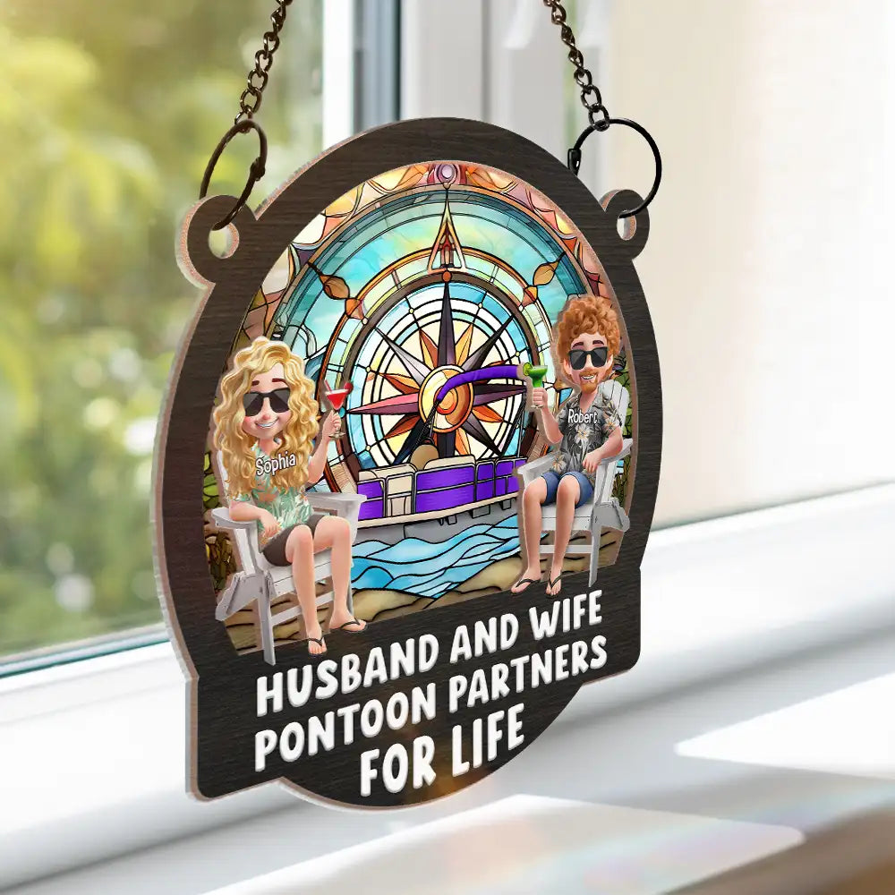 Gift For Couples, Gift For Husband, Gift For Wife, Gift For Boyfriend, Gift For Girlfriend, Happy, Pontoon - Pontoon Partners For Life - Personalized Window Hanging Suncatcher Ornament