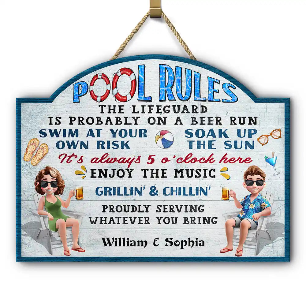 Gift For Couples, Poolside, Swimming, Grilling, Happy, Gift For Husband, Gift For Wife - Pool Rules Swim At Your Own Risk - Personalized Custom Shaped Wood Sign