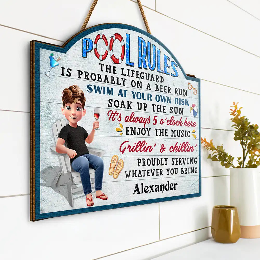 Gift For Couples, Poolside, Swimming, Grilling, Happy, Gift For Husband, Gift For Wife - Pool Rules Swim At Your Own Risk - Personalized Custom Shaped Wood Sign