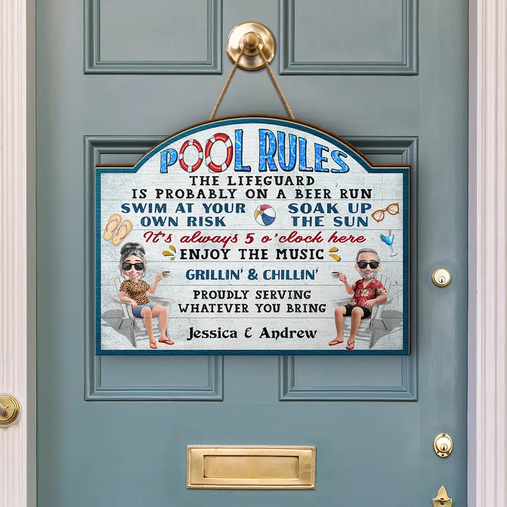 Gift For Couples, Poolside, Swimming, Grilling, Happy, Gift For Husband, Gift For Wife - Pool Rules Swim At Your Own Risk - Personalized Custom Shaped Wood Sign