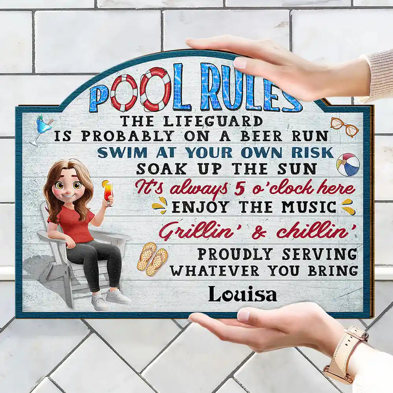 Gift For Couples, Poolside, Swimming, Grilling, Happy, Gift For Husband, Gift For Wife - Pool Rules Swim At Your Own Risk - Personalized Custom Shaped Wood Sign