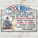 Swimming,Funny,Couple's Hobby,Gift For Couples,Grilling,Poolside - Pool Rules Swim At Your Own Risk Grilling - Personalized Custom Shaped Metal Sign