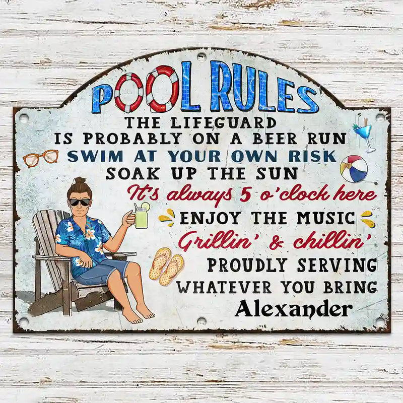Swimming,Funny,Couple's Hobby,Gift For Couples,Grilling,Poolside - Pool Rules Swim At Your Own Risk Grilling - Personalized Custom Shaped Metal Sign