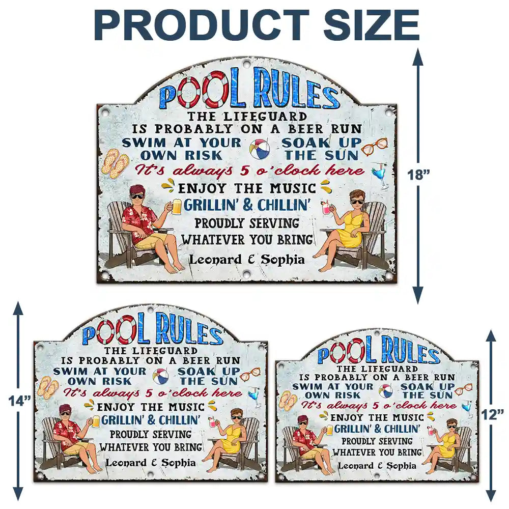 Swimming,Funny,Couple's Hobby,Gift For Couples,Grilling,Poolside - Pool Rules Swim At Your Own Risk Grilling - Personalized Custom Shaped Metal Sign