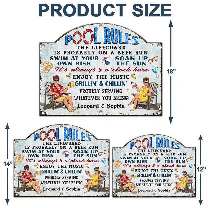 Swimming,Funny,Couple's Hobby,Gift For Couples,Grilling,Poolside - Pool Rules Swim At Your Own Risk Grilling - Personalized Custom Shaped Metal Sign