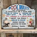 Swimming,Funny,Couple's Hobby,Gift For Couples,Grilling,Poolside - Pool Rules Swim At Your Own Risk Grilling - Personalized Custom Shaped Metal Sign