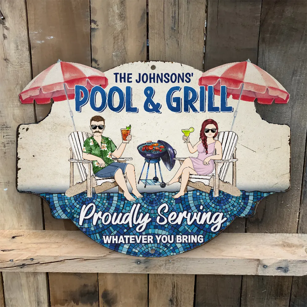 Gift For Couples, Gift For Husband, Gift For Wife, Gift For Boyfriend, Gift For Girlfriend, Poolside, Grilling, Summer, Happy - Poolside Bar And Grill - Personalized Custom Shaped Metal Sign
