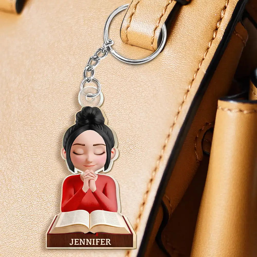 Christian,Gift For Women,Gift For Yourself - Praying Woman Girl With Open Bible - Personalized Acrylic Keychain