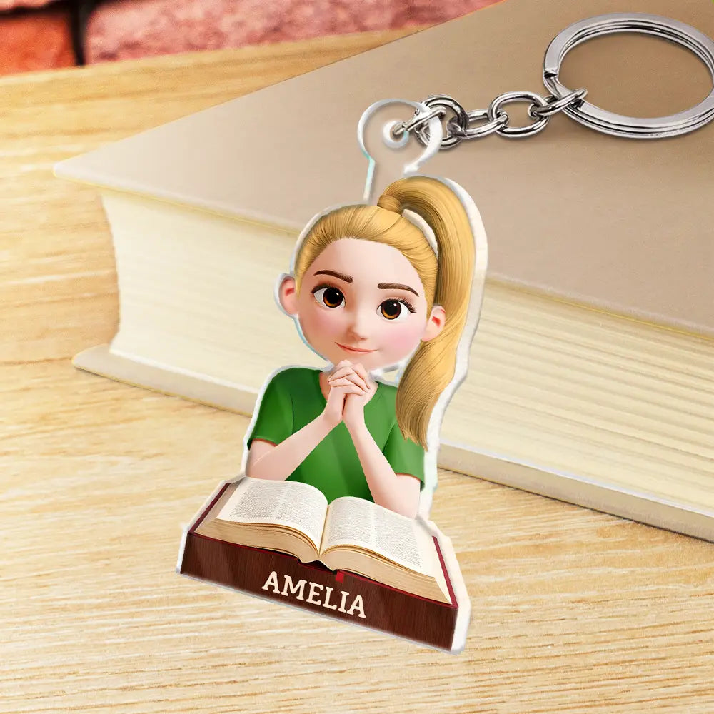 Christian,Gift For Women,Gift For Yourself - Praying Woman Girl With Open Bible - Personalized Acrylic Keychain