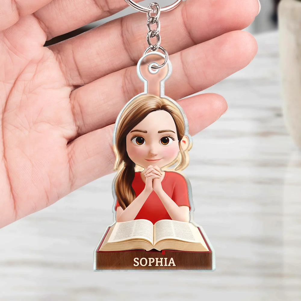 Christian,Gift For Women,Gift For Yourself - Praying Woman Girl With Open Bible - Personalized Acrylic Keychain