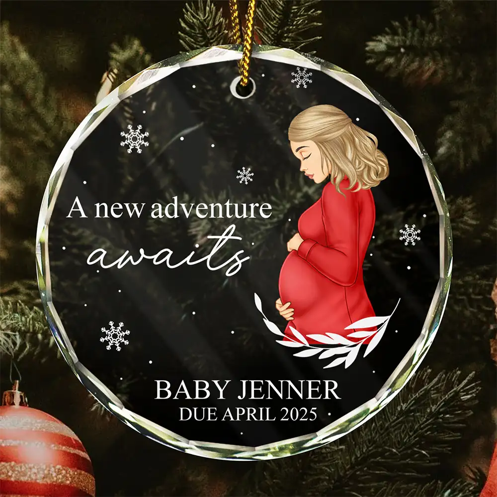 Pregnant Mom,Christmas,Love - Pregnant Mom A New Adventure Awaits - Personalized Circle Glass Ornament