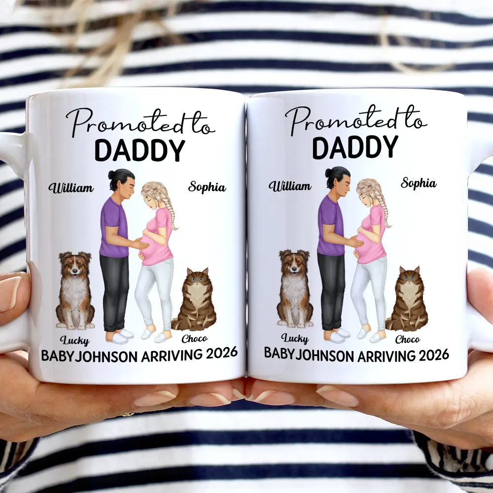 New Dad,New baby,New Mom,Happy - Promoted To Mommy & Daddy Baby Arriving - Personalized White Edge-to-Edge Mug